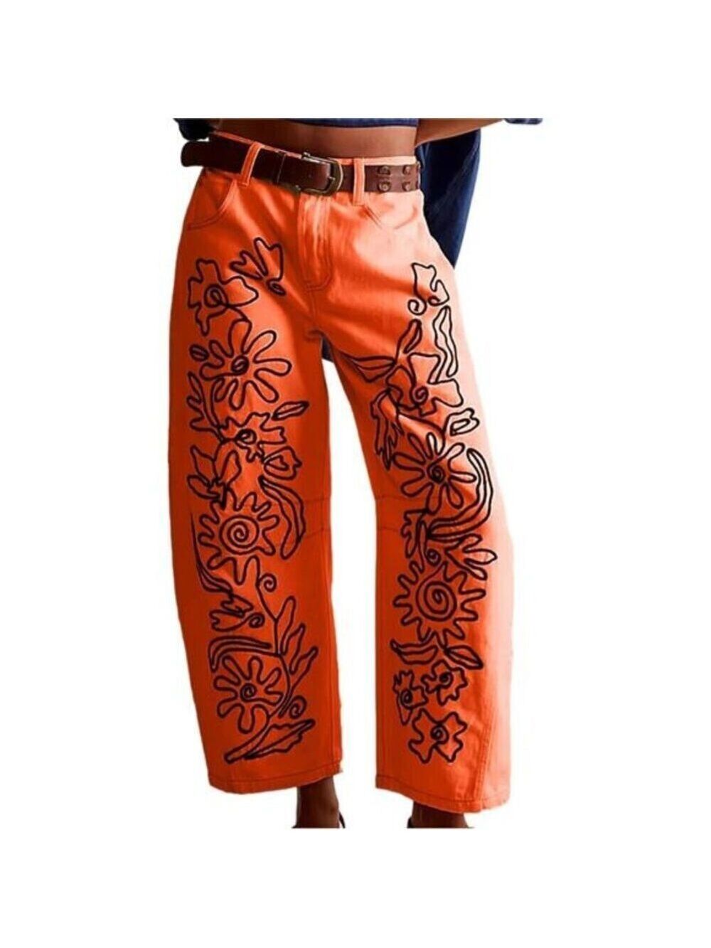 Embroidered Mid Rise Orange Jeans for Women Baggy Boyfriend Jean Boho Barrel